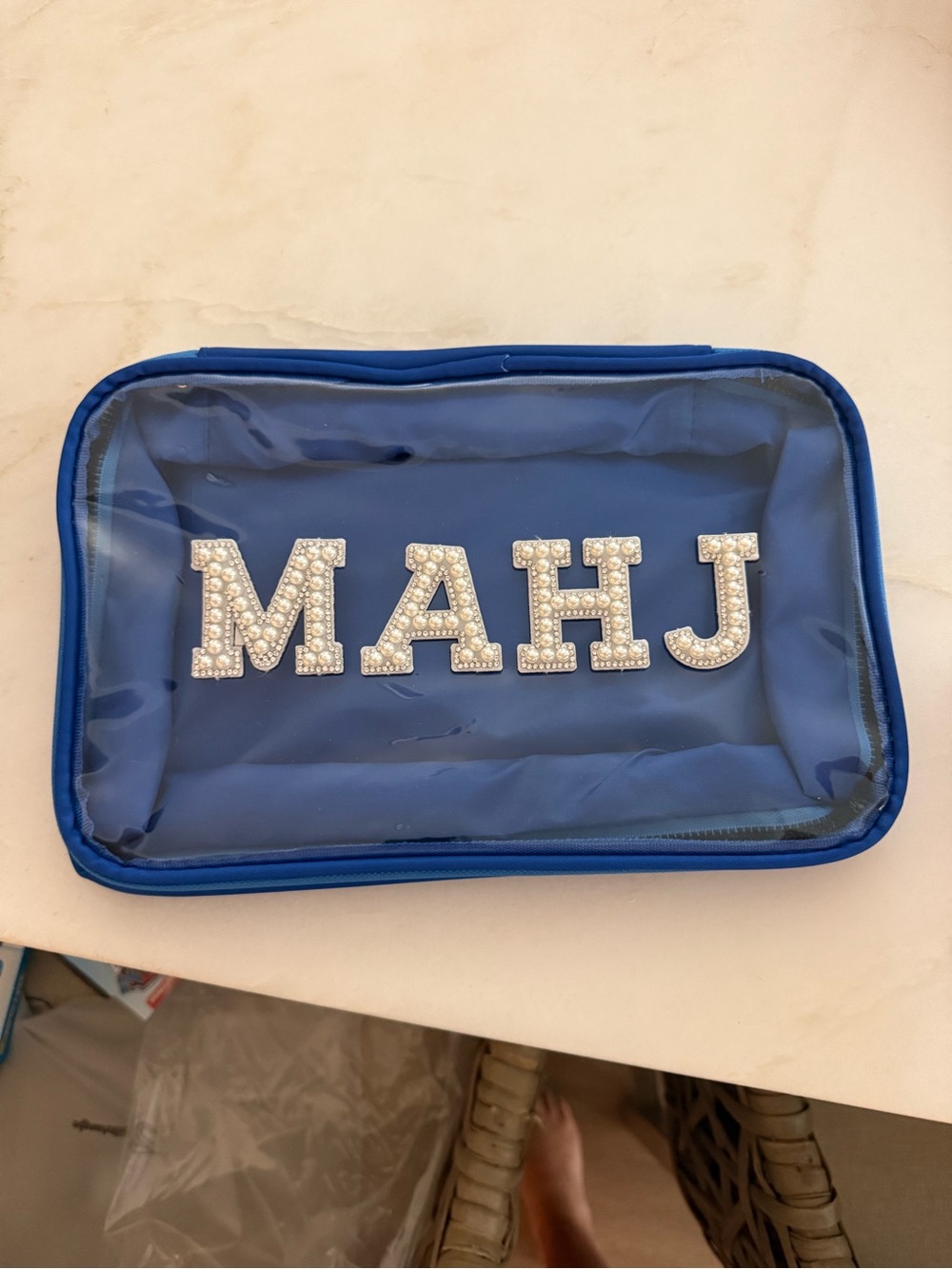 Personalized Blue MAHJ Accent Pouch with Crystal Letters